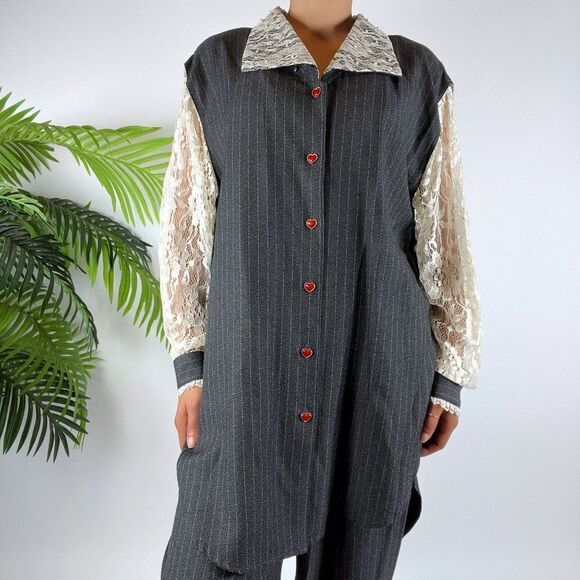 Vintage 90s Grunge Gray Pin Stripe Oversized Pantsuit Blazer & Trousers / Sz: M - Picture 7 of 9